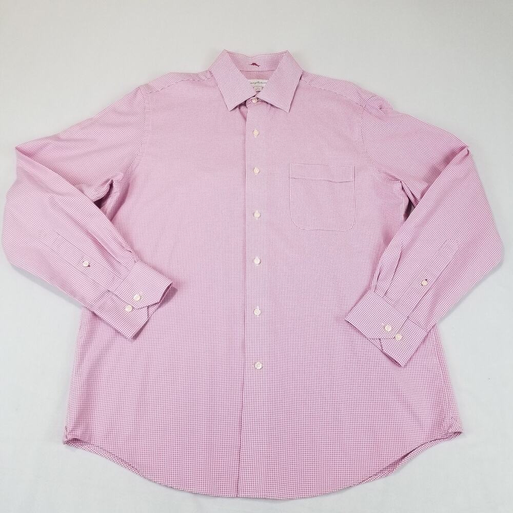 Tommy Bahama Shirt Mens Large 16 34/35 Pink Houndstooth Long Sleeve ST310692